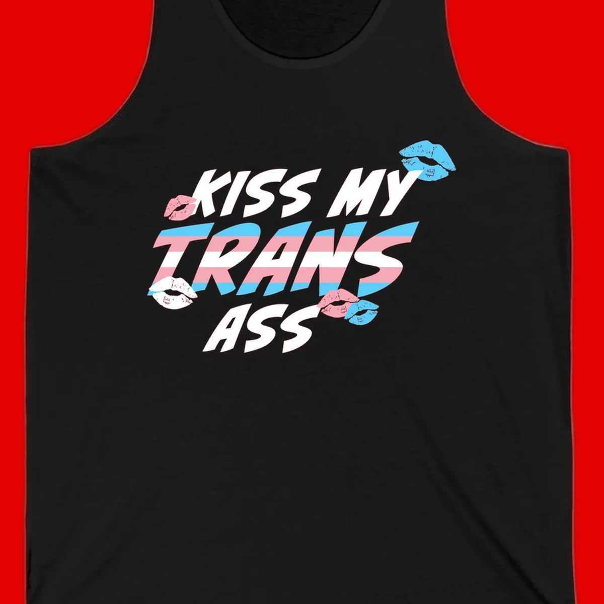 Kiss my trips ass design with trans flag striped text and colorful lip illustrations on gray background