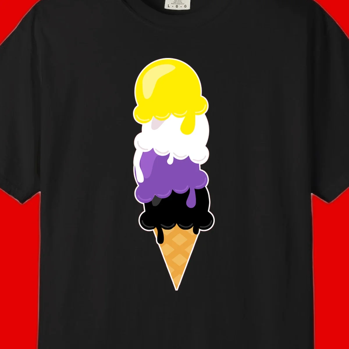 Rainbow drip ice cream cone illustration with yellow, white, purple, and black scoops stacked on waffle cone with dripping effect