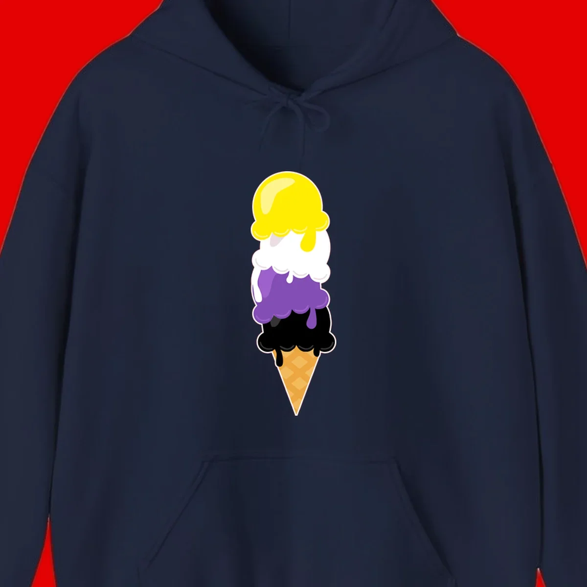 Rainbow drip ice cream cone illustration with yellow, white, purple, and black scoops stacked on waffle cone with dripping effect