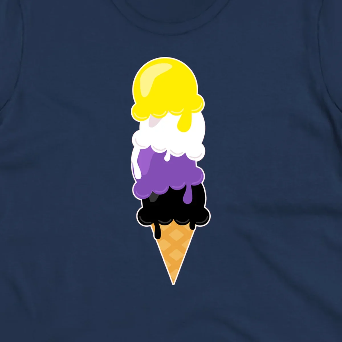 Rainbow drip ice cream cone illustration with yellow, white, purple, and black scoops stacked on waffle cone with dripping effect