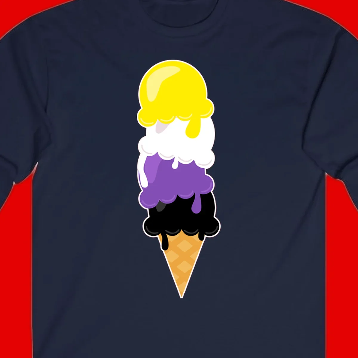 Rainbow drip ice cream cone illustration with yellow, white, purple, and black scoops stacked on waffle cone with dripping effect
