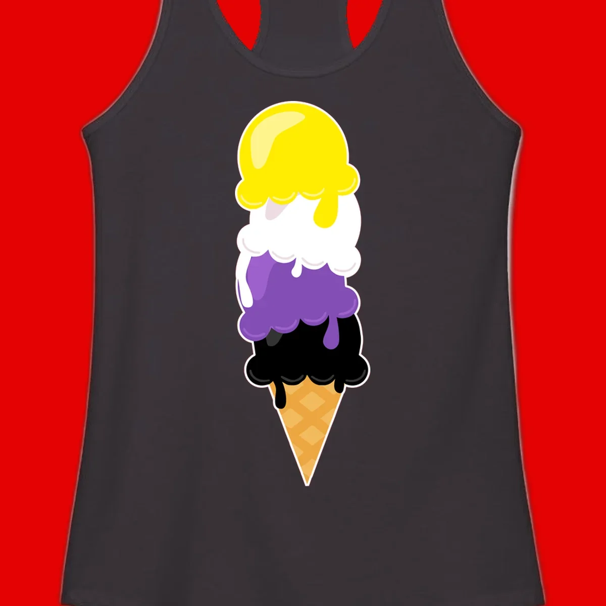 Rainbow drip ice cream cone illustration with yellow, white, purple, and black scoops stacked on waffle cone with dripping effect