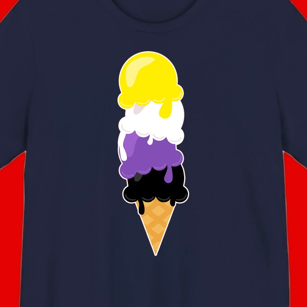 Rainbow drip ice cream cone illustration with yellow, white, purple, and black scoops stacked on waffle cone with dripping effect