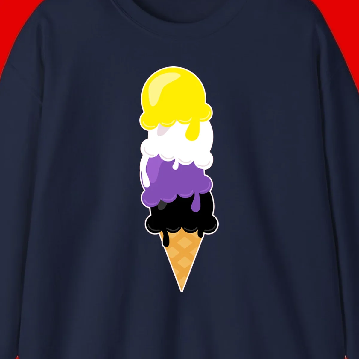 Rainbow drip ice cream cone illustration with yellow, white, purple, and black scoops stacked on waffle cone with dripping effect