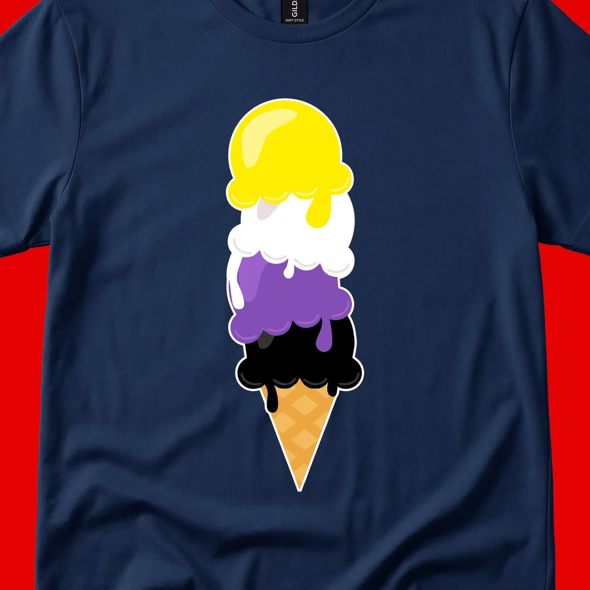 Rainbow drip ice cream cone illustration with yellow, white, purple, and black scoops stacked on waffle cone with dripping effect