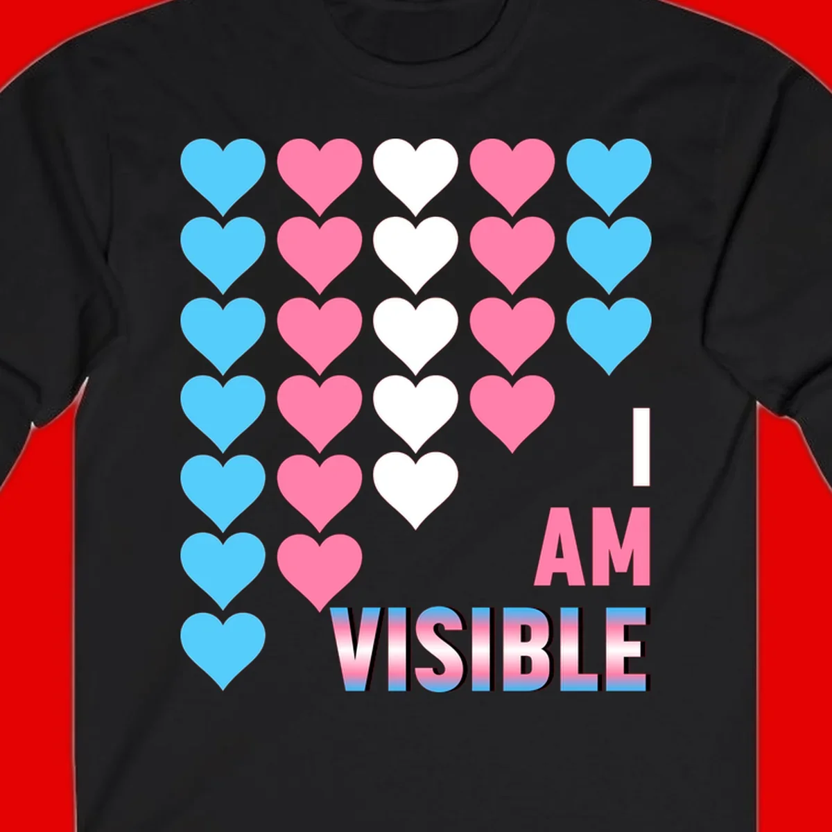 I Am Visible Pride design with repeating cyan, pink, and white hearts on gray background and gradient text message