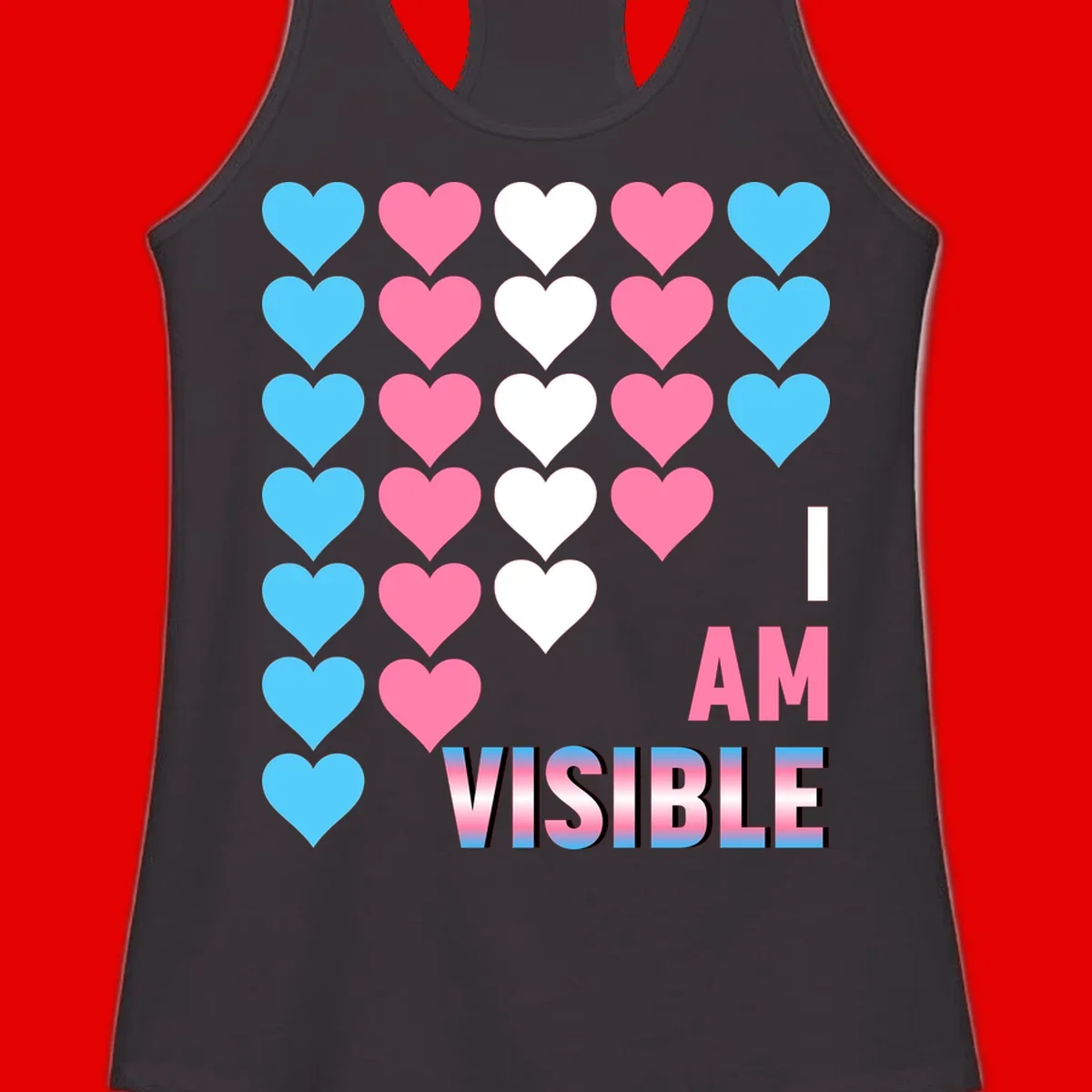 I Am Visible Pride design with repeating cyan, pink, and white hearts on gray background and gradient text message