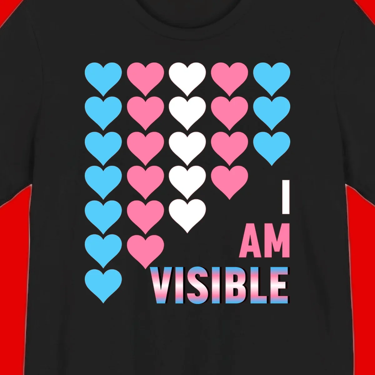 I Am Visible Pride design with repeating cyan, pink, and white hearts on gray background and gradient text message