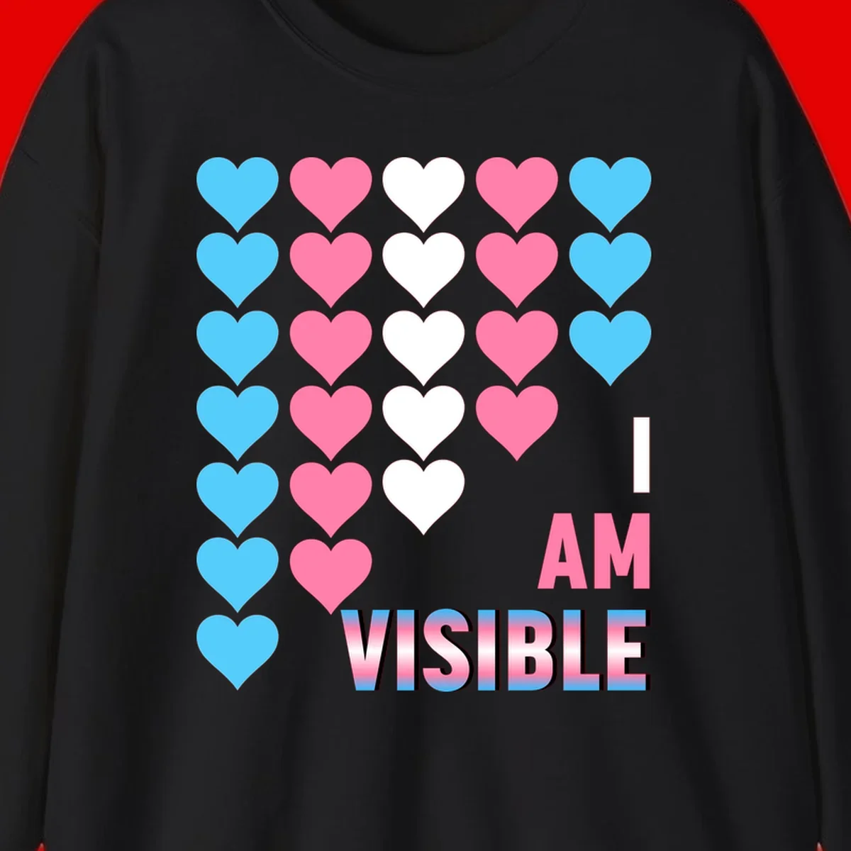 I Am Visible Pride design with repeating cyan, pink, and white hearts on gray background and gradient text message