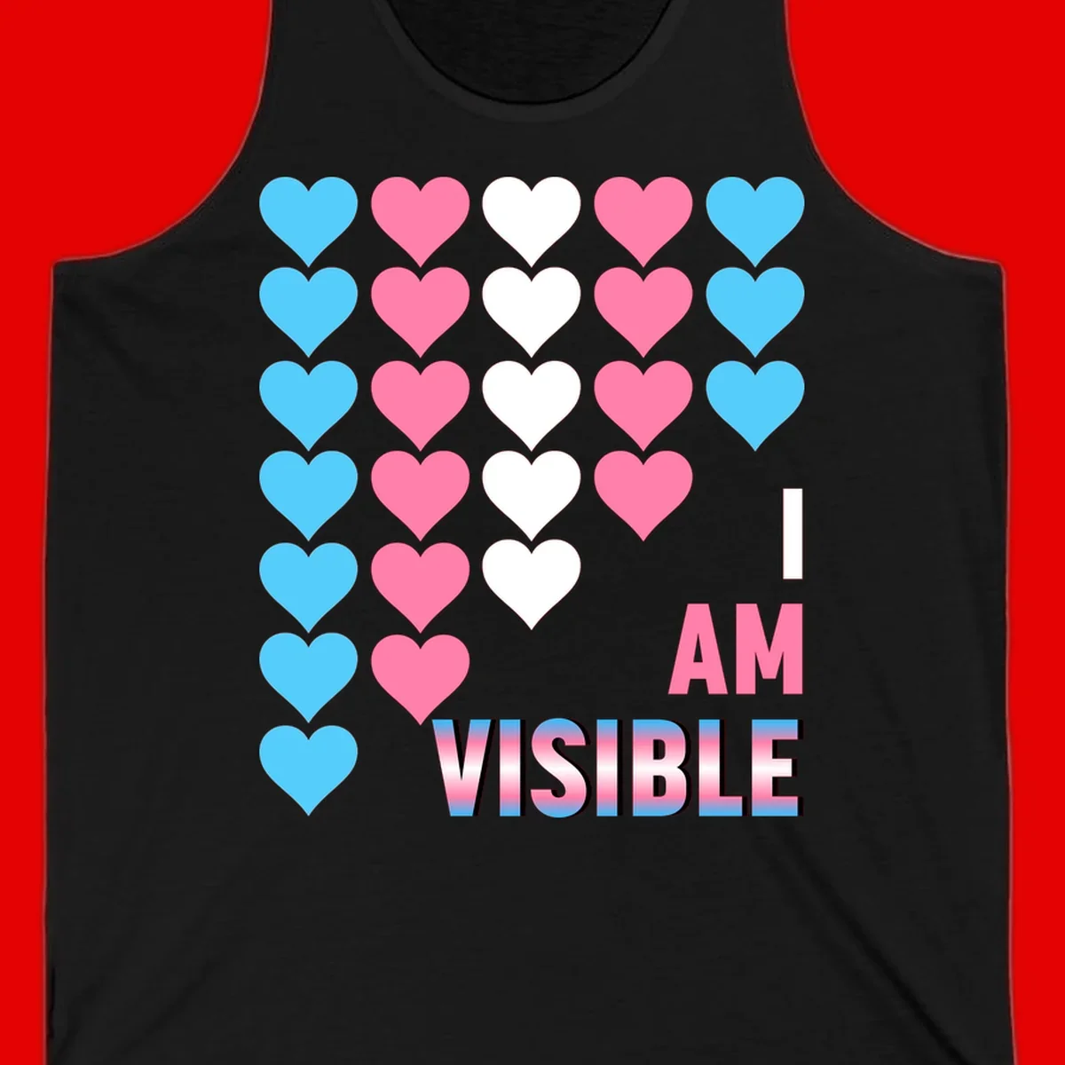I Am Visible Pride design with repeating cyan, pink, and white hearts on gray background and gradient text message