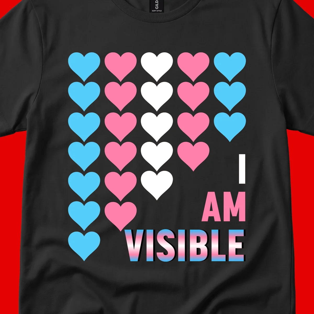 I Am Visible Pride design with repeating cyan, pink, and white hearts on gray background and gradient text message