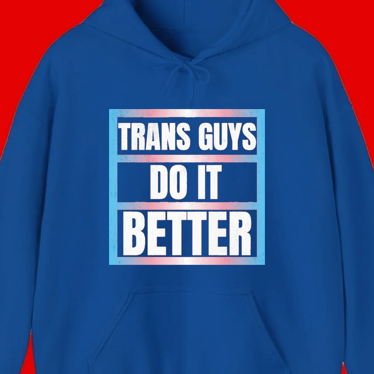 Bold white text reading 'TRANS GUYS DO IT BETTER' on gray bands with transgender flag watercolor background in blue, pink, and white.