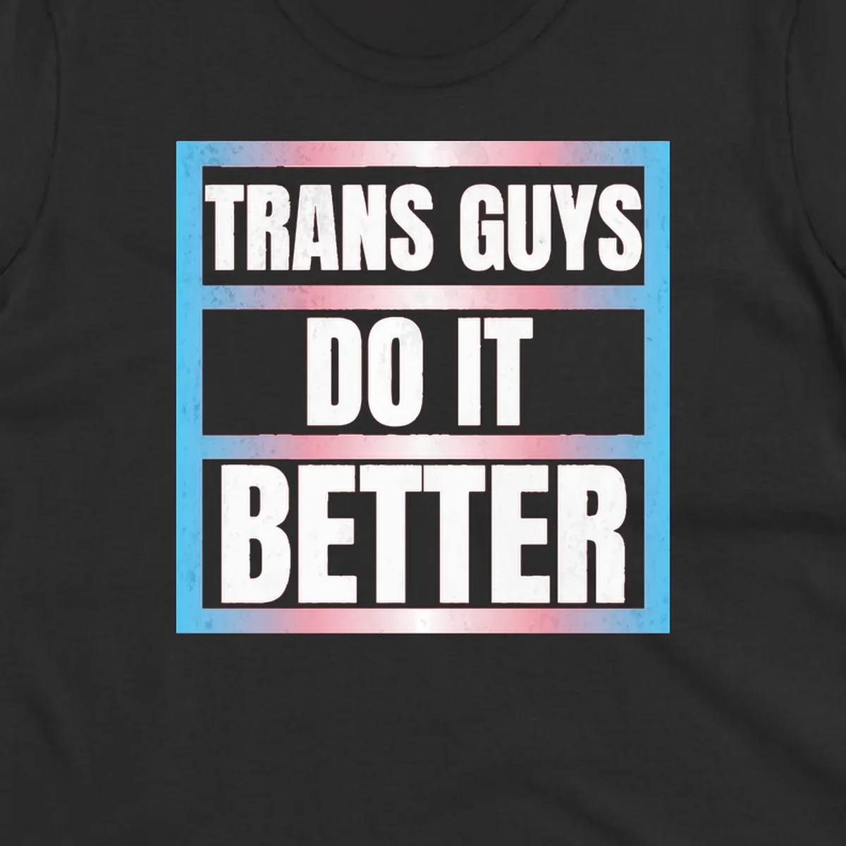 Bold white text reading 'TRANS GUYS DO IT BETTER' on gray bands with transgender flag watercolor background in blue, pink, and white.