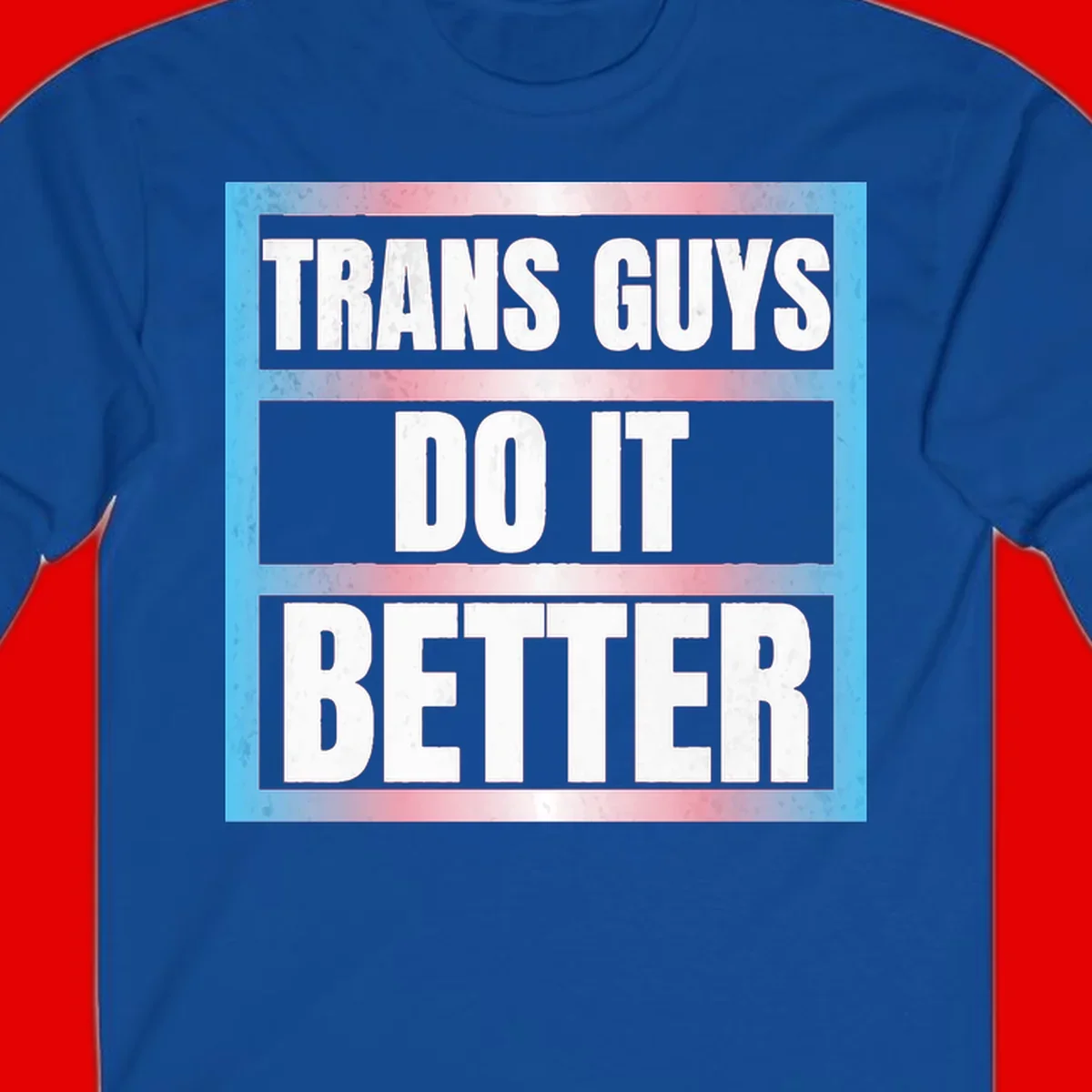 Bold white text reading 'TRANS GUYS DO IT BETTER' on gray bands with transgender flag watercolor background in blue, pink, and white.