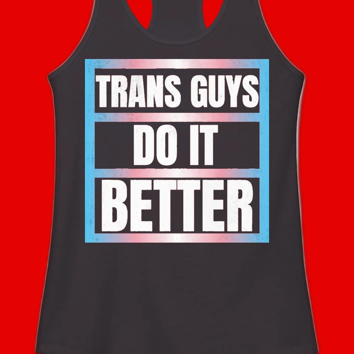 Bold white text reading 'TRANS GUYS DO IT BETTER' on gray bands with transgender flag watercolor background in blue, pink, and white.