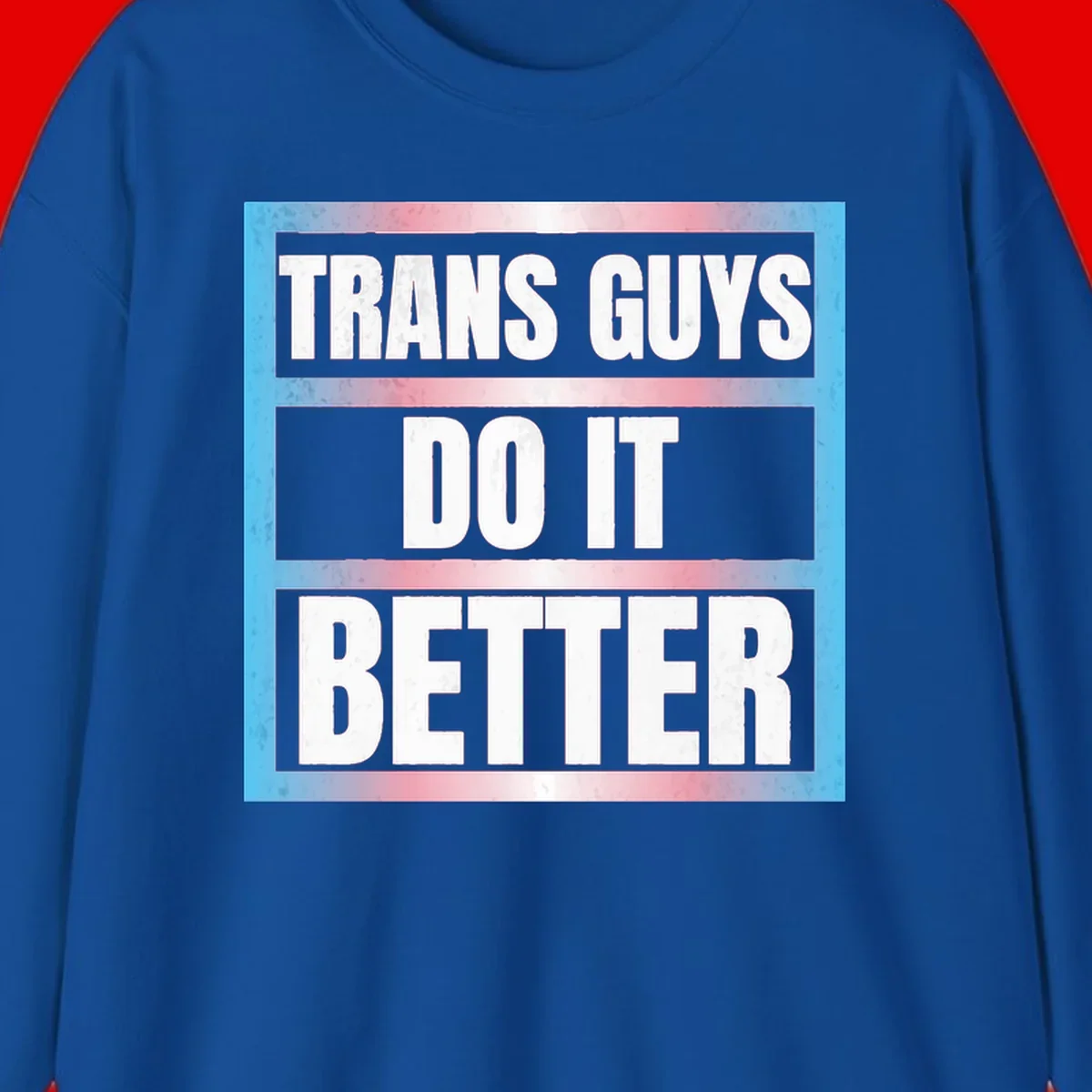 Bold white text reading 'TRANS GUYS DO IT BETTER' on gray bands with transgender flag watercolor background in blue, pink, and white.