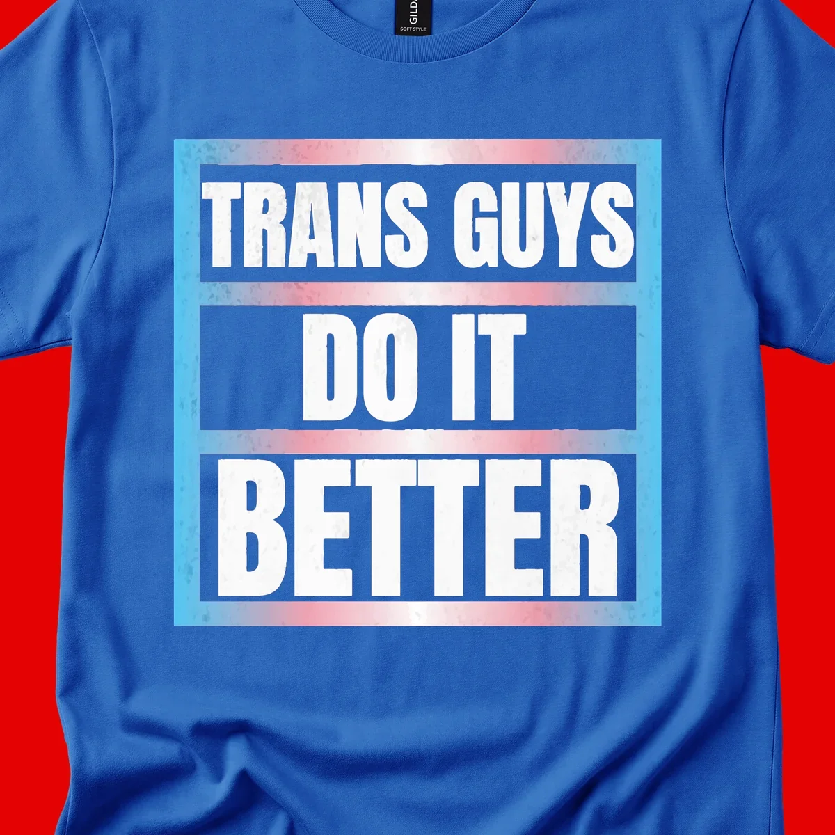 Bold white text reading 'TRANS GUYS DO IT BETTER' on gray bands with transgender flag watercolor background in blue, pink, and white.