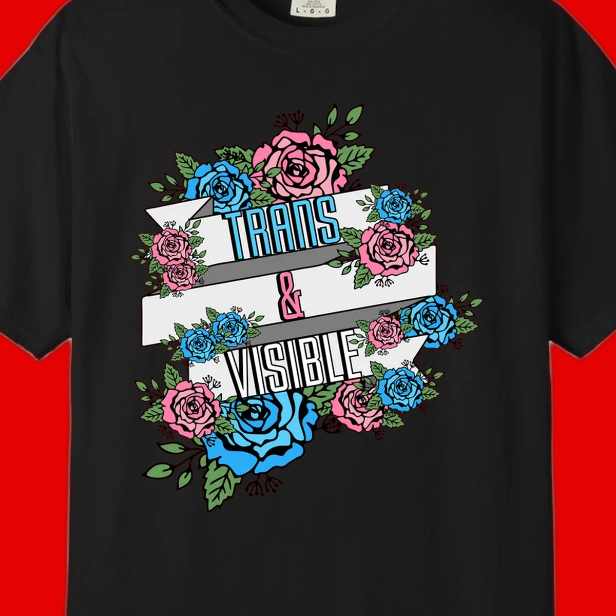 Trains and visible pride design with blue and pink roses and green leaves surrounding banner text on gray background