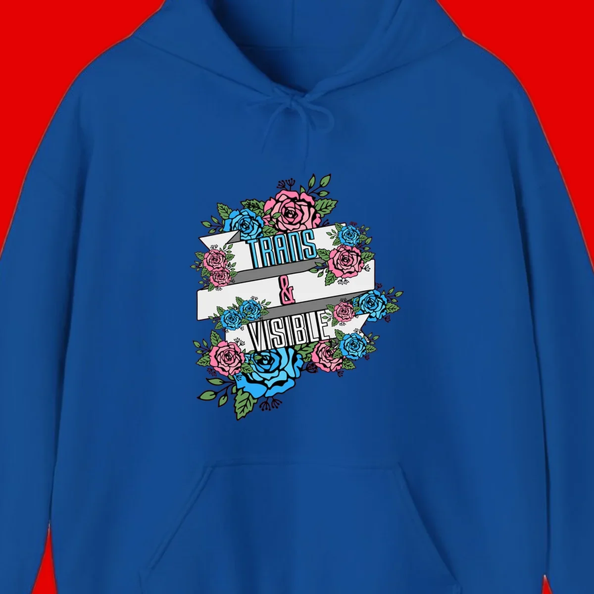 Trains and visible pride design with blue and pink roses and green leaves surrounding banner text on gray background