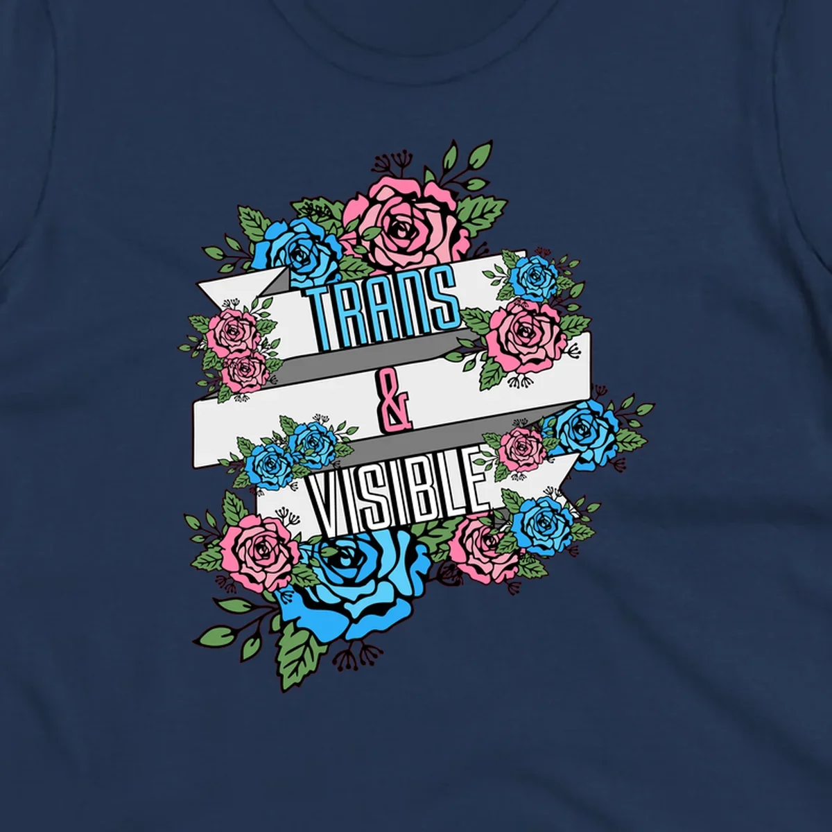 Trains and visible pride design with blue and pink roses and green leaves surrounding banner text on gray background