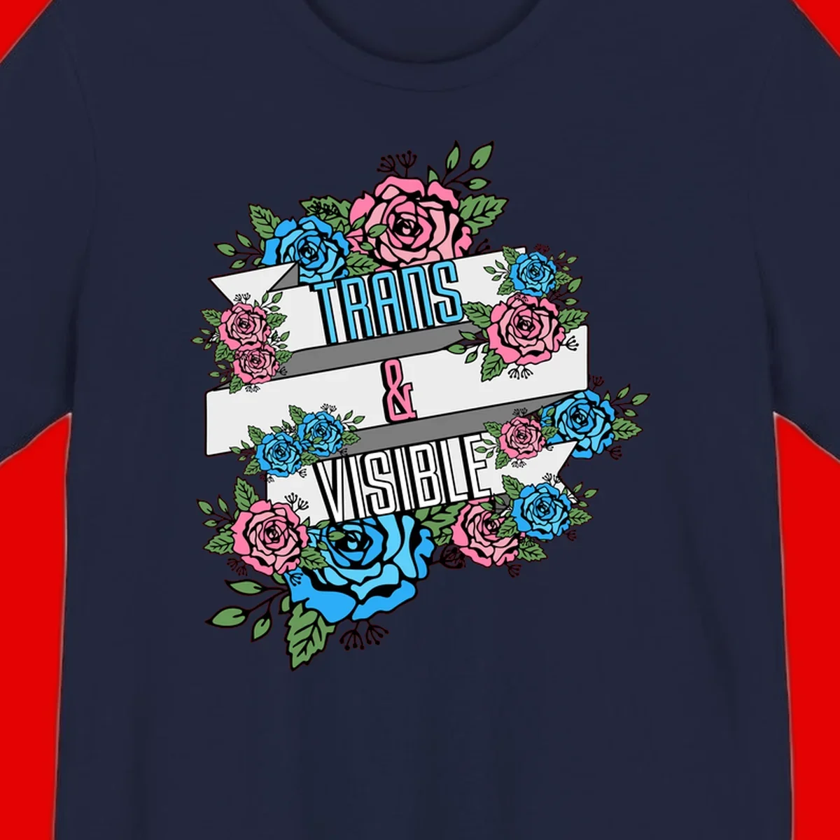 Trains and visible pride design with blue and pink roses and green leaves surrounding banner text on gray background