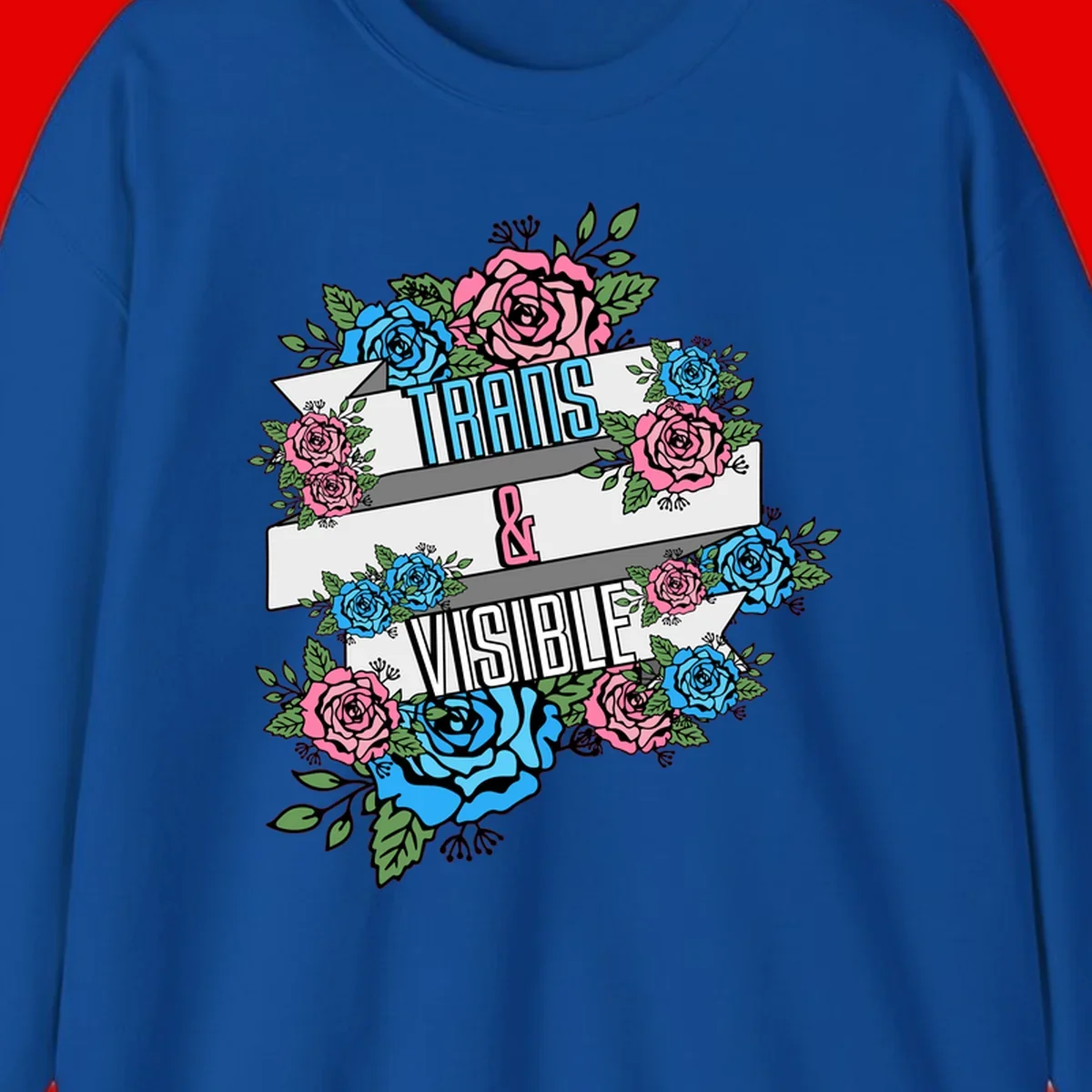 Trains and visible pride design with blue and pink roses and green leaves surrounding banner text on gray background