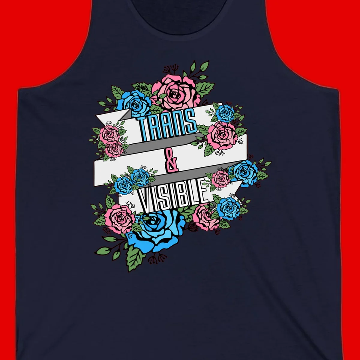 Trains and visible pride design with blue and pink roses and green leaves surrounding banner text on gray background