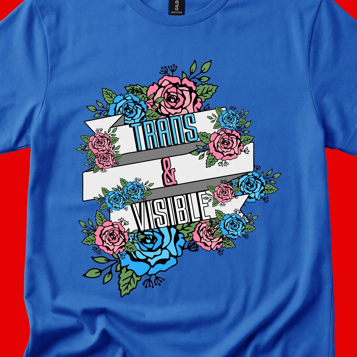 Trains and visible pride design with blue and pink roses and green leaves surrounding banner text on gray background