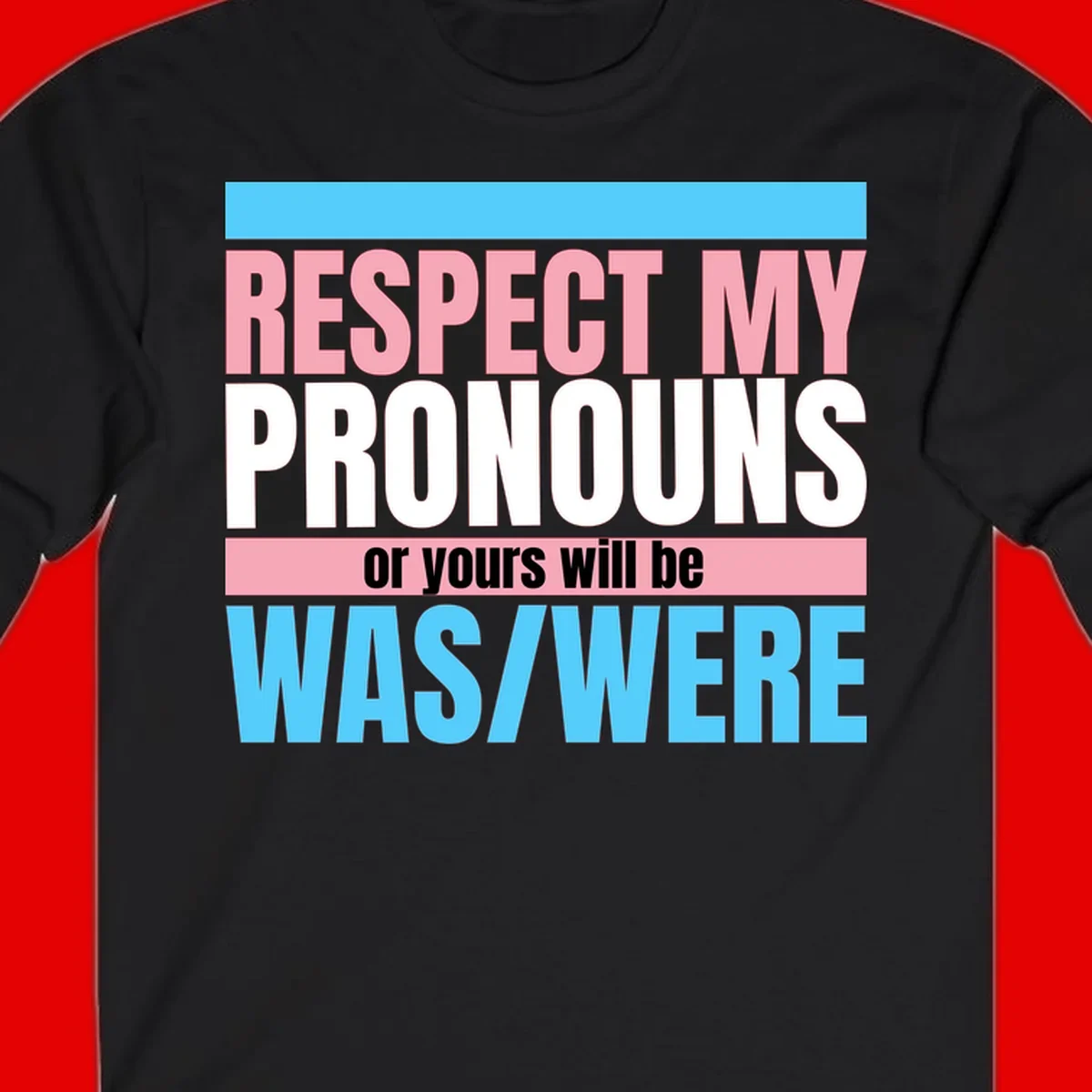 Bold typography design reading 'Respect My Pronouns or yours will be WAS/WERE' in pink, white, and blue letters with gray background