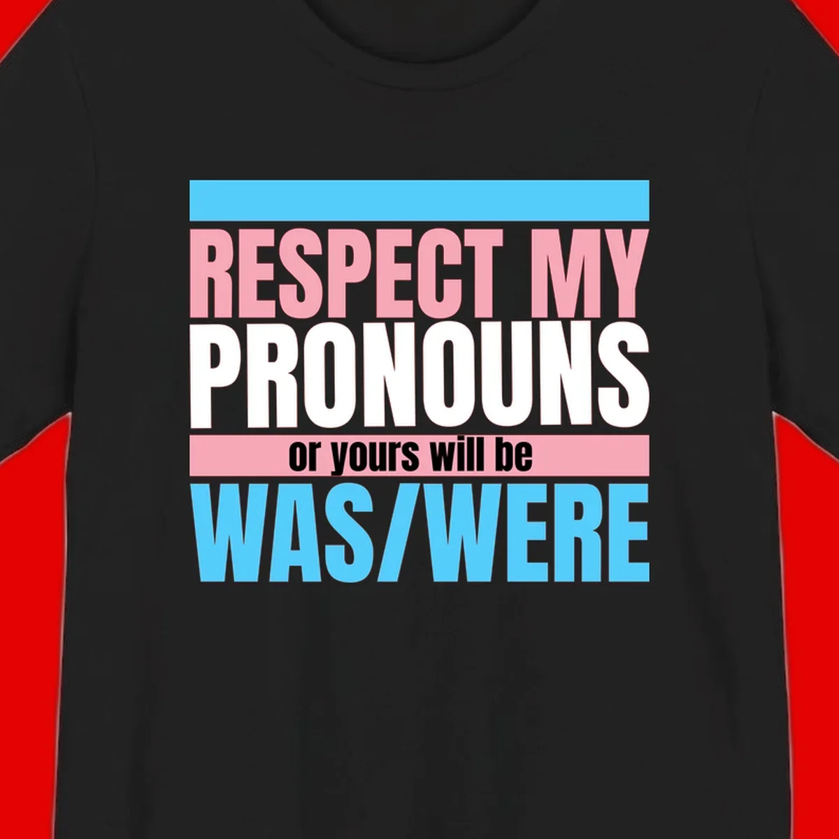 Bold typography design reading 'Respect My Pronouns or yours will be WAS/WERE' in pink, white, and blue letters with gray background