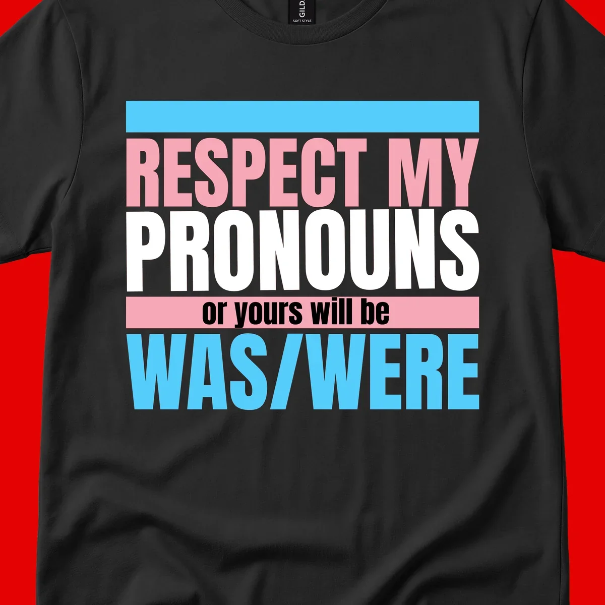 Bold typography design reading 'Respect My Pronouns or yours will be WAS/WERE' in pink, white, and blue letters with gray background