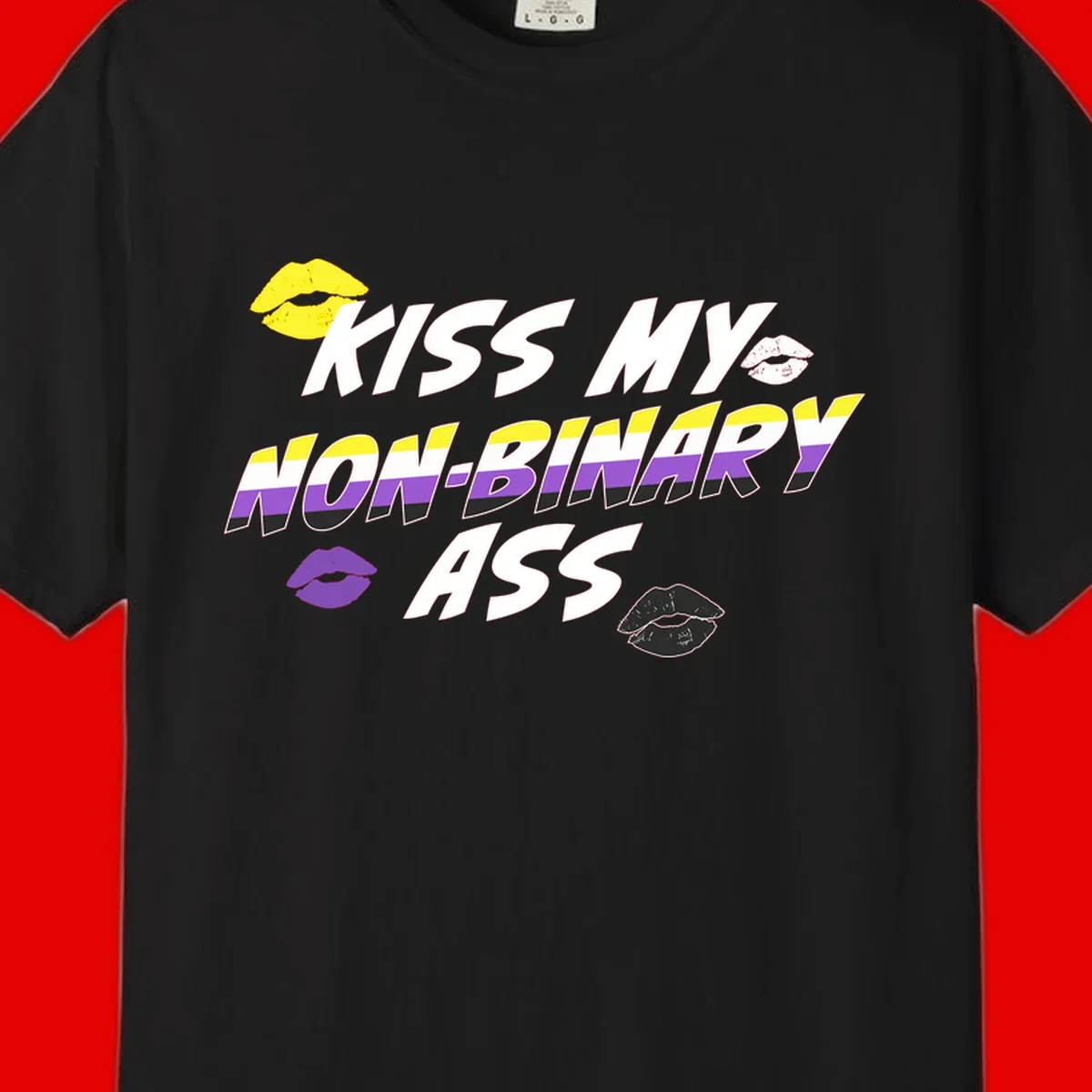 Kiss my non-binary ass pride design with yellow, white, purple and black lip icons and non-binary flag stripes on gray background