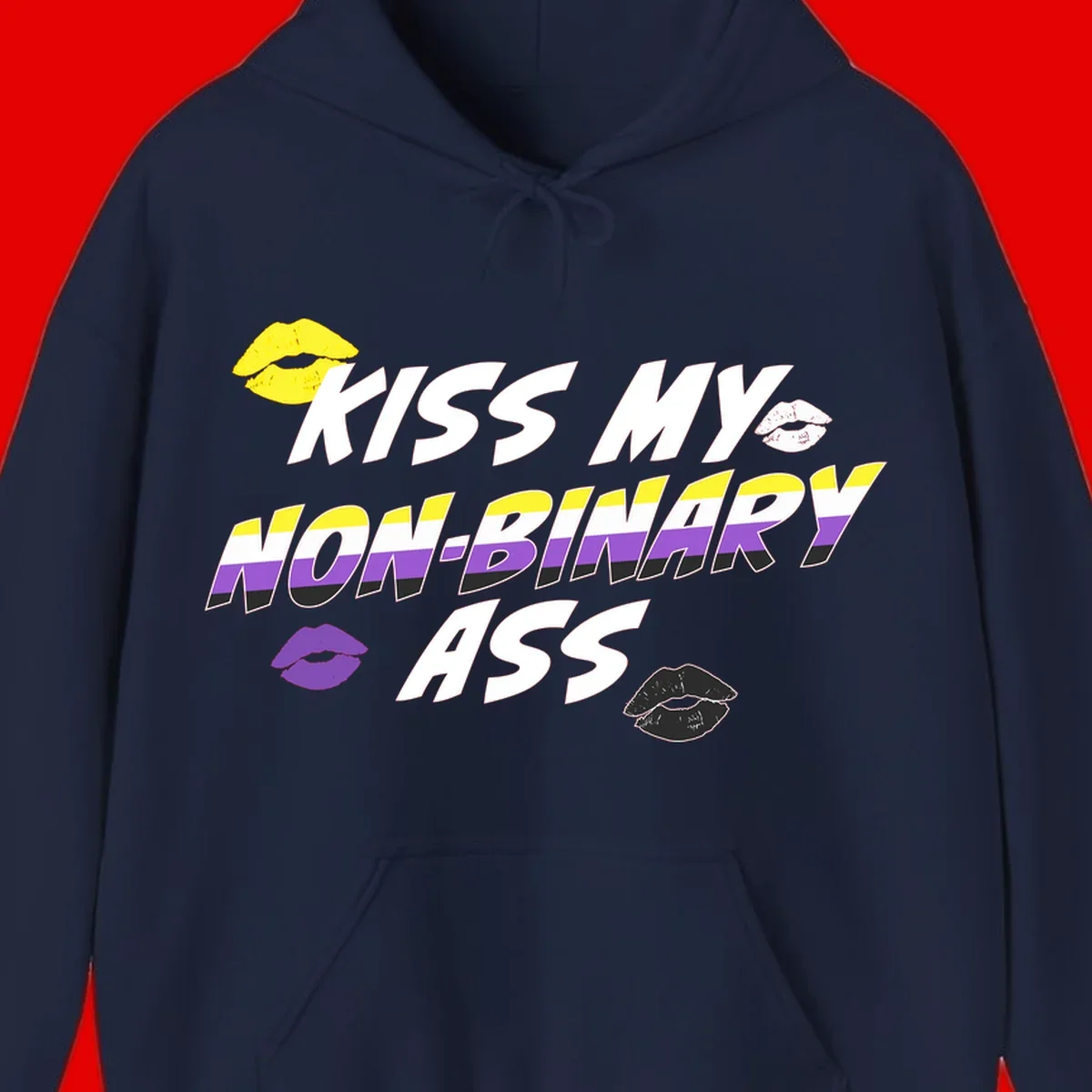 Kiss my non-binary ass pride design with yellow, white, purple and black lip icons and non-binary flag stripes on gray background