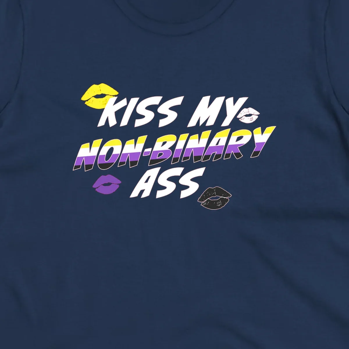 Kiss my non-binary ass pride design with yellow, white, purple and black lip icons and non-binary flag stripes on gray background