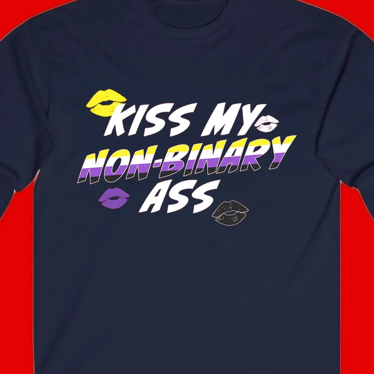 Kiss my non-binary ass pride design with yellow, white, purple and black lip icons and non-binary flag stripes on gray background