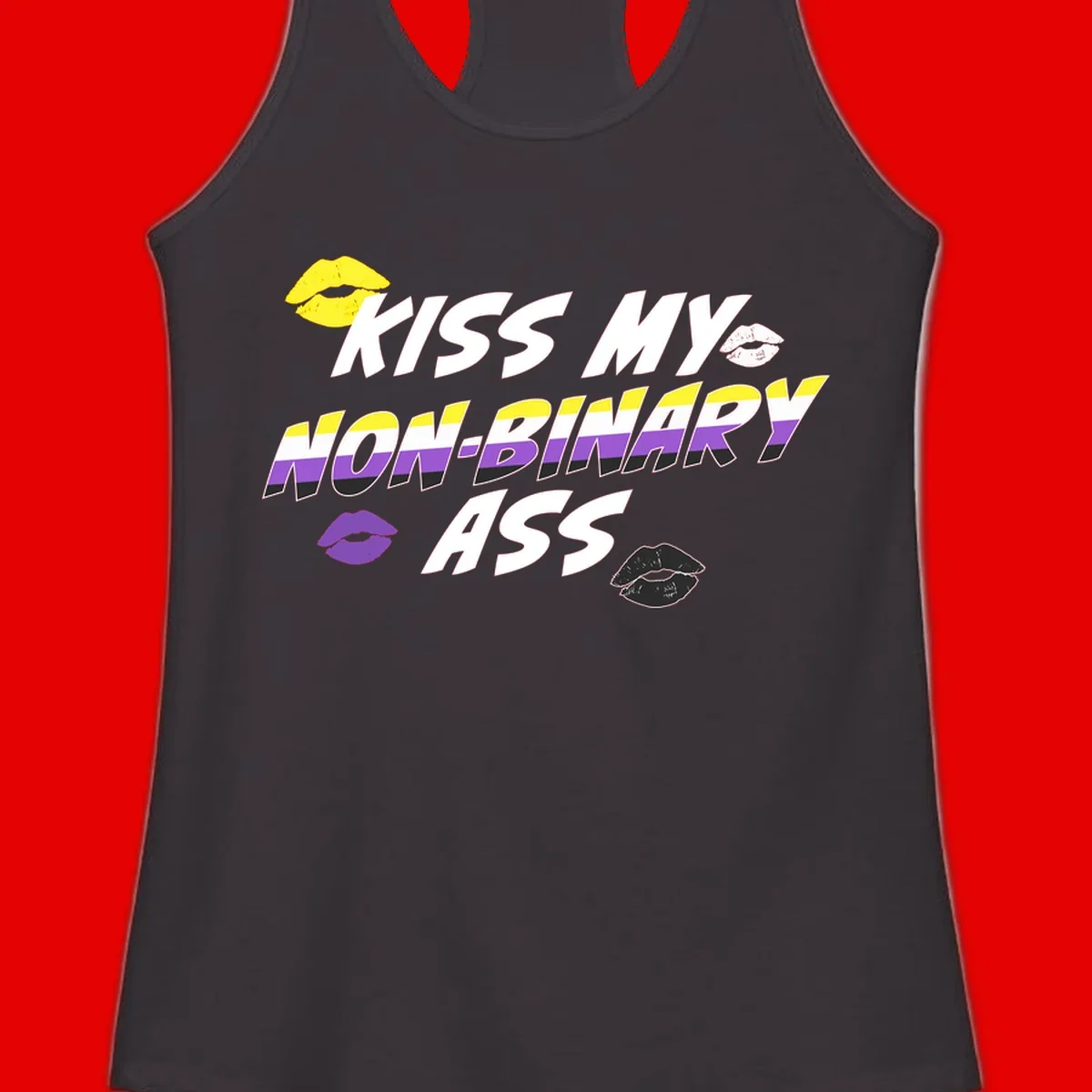 Kiss my non-binary ass pride design with yellow, white, purple and black lip icons and non-binary flag stripes on gray background