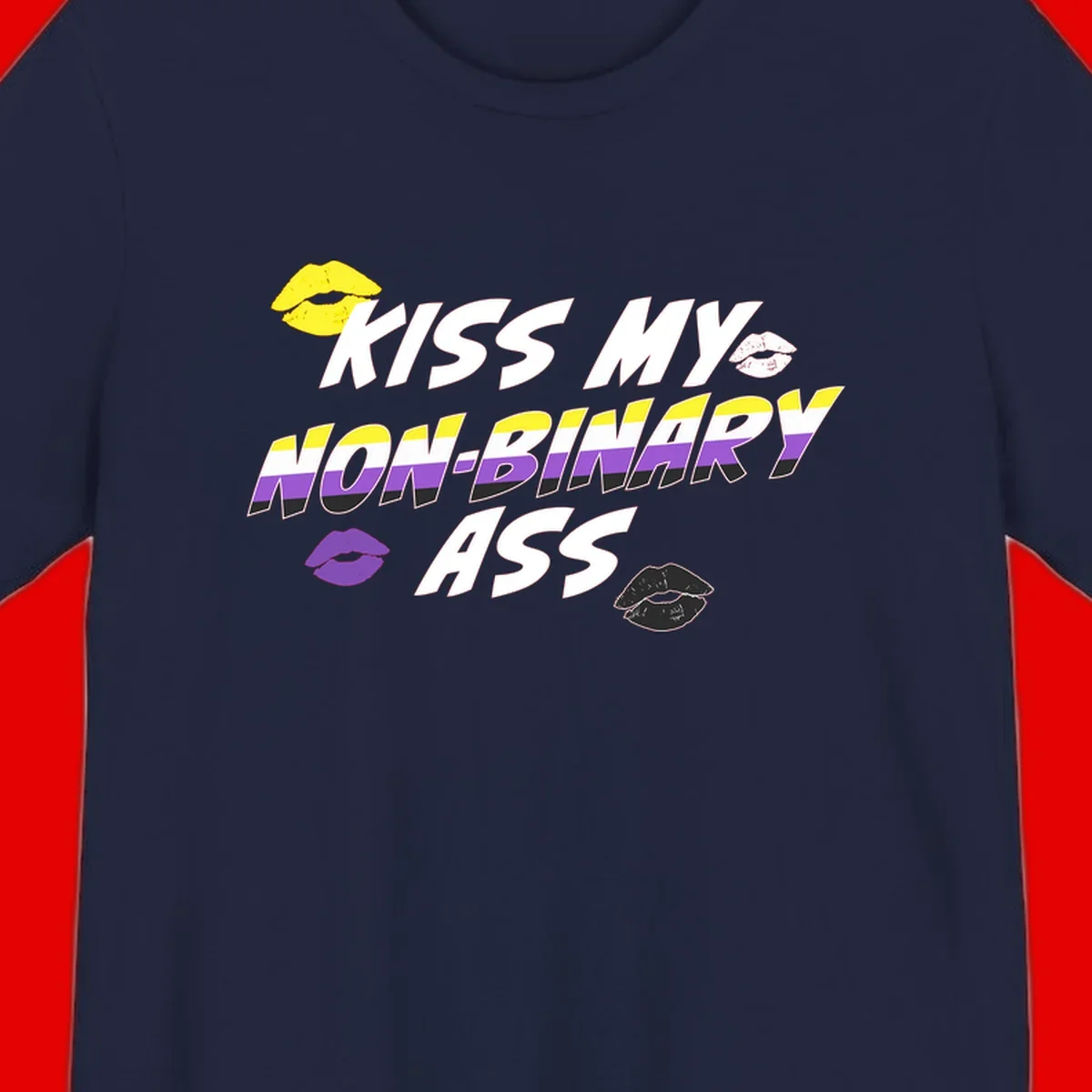 Kiss my non-binary ass pride design with yellow, white, purple and black lip icons and non-binary flag stripes on gray background