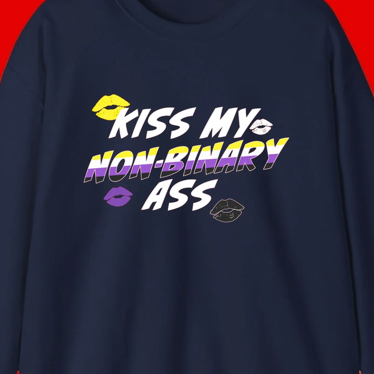 Kiss my non-binary ass pride design with yellow, white, purple and black lip icons and non-binary flag stripes on gray background