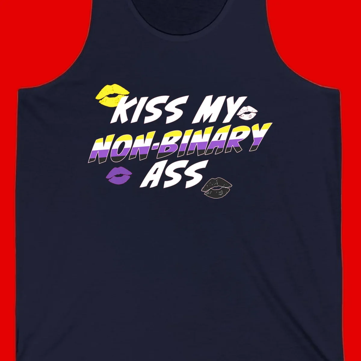 Kiss my non-binary ass pride design with yellow, white, purple and black lip icons and non-binary flag stripes on gray background