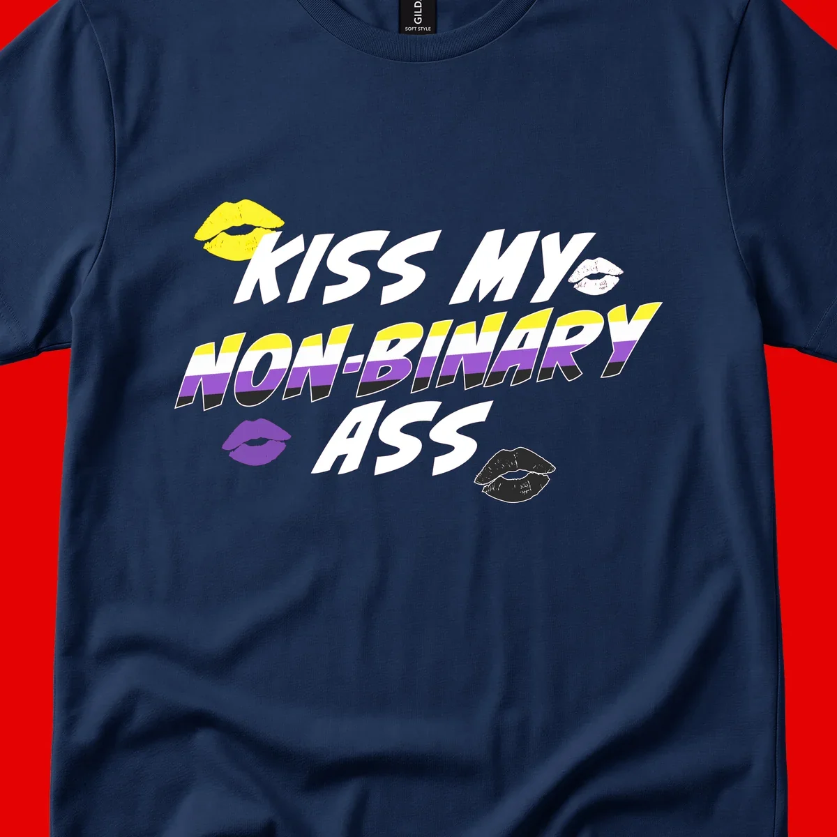 Kiss my non-binary ass pride design with yellow, white, purple and black lip icons and non-binary flag stripes on gray background