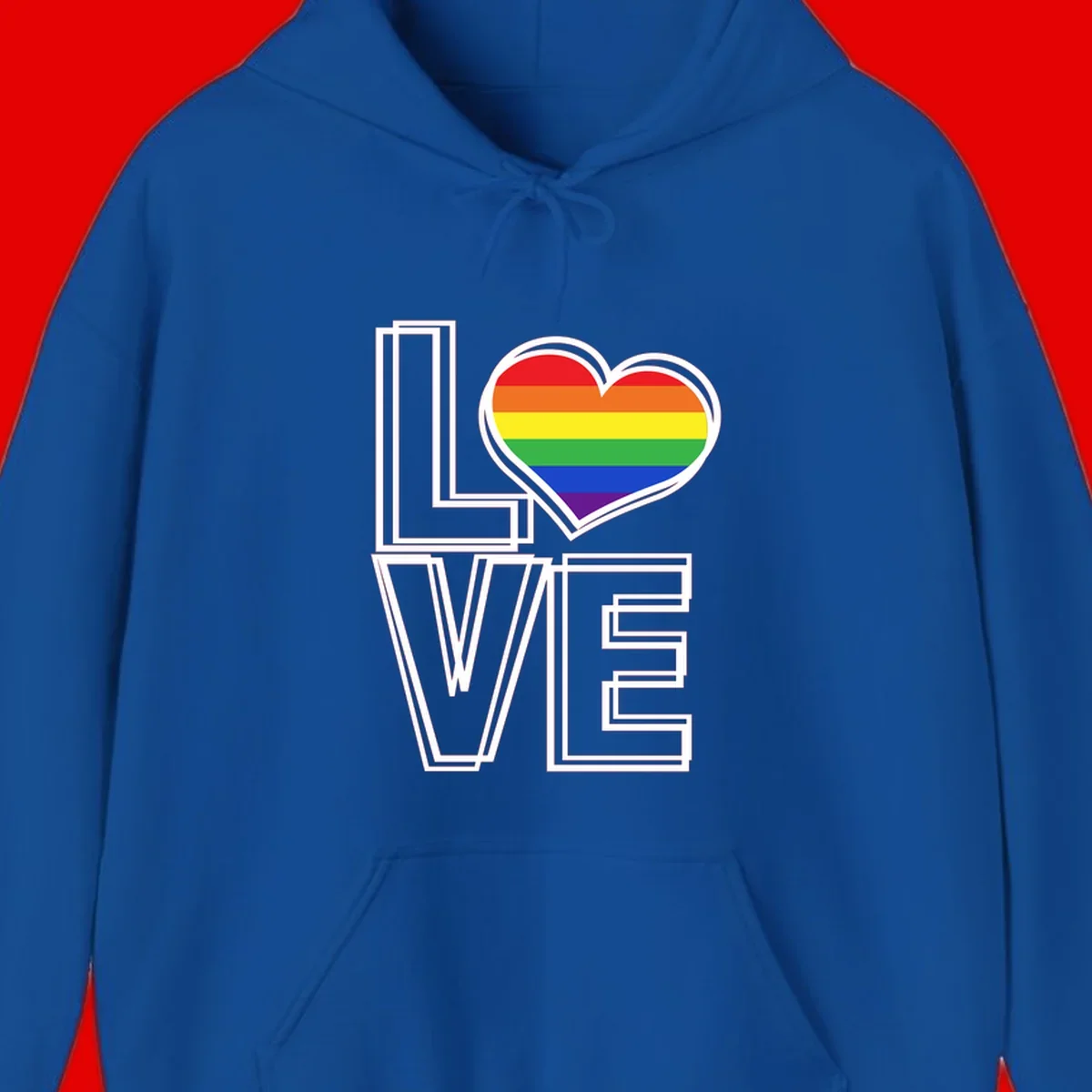 Love is love rainbow heart design with vibrant Pride flag colors in an outlined heart shape and bold LOVE text
