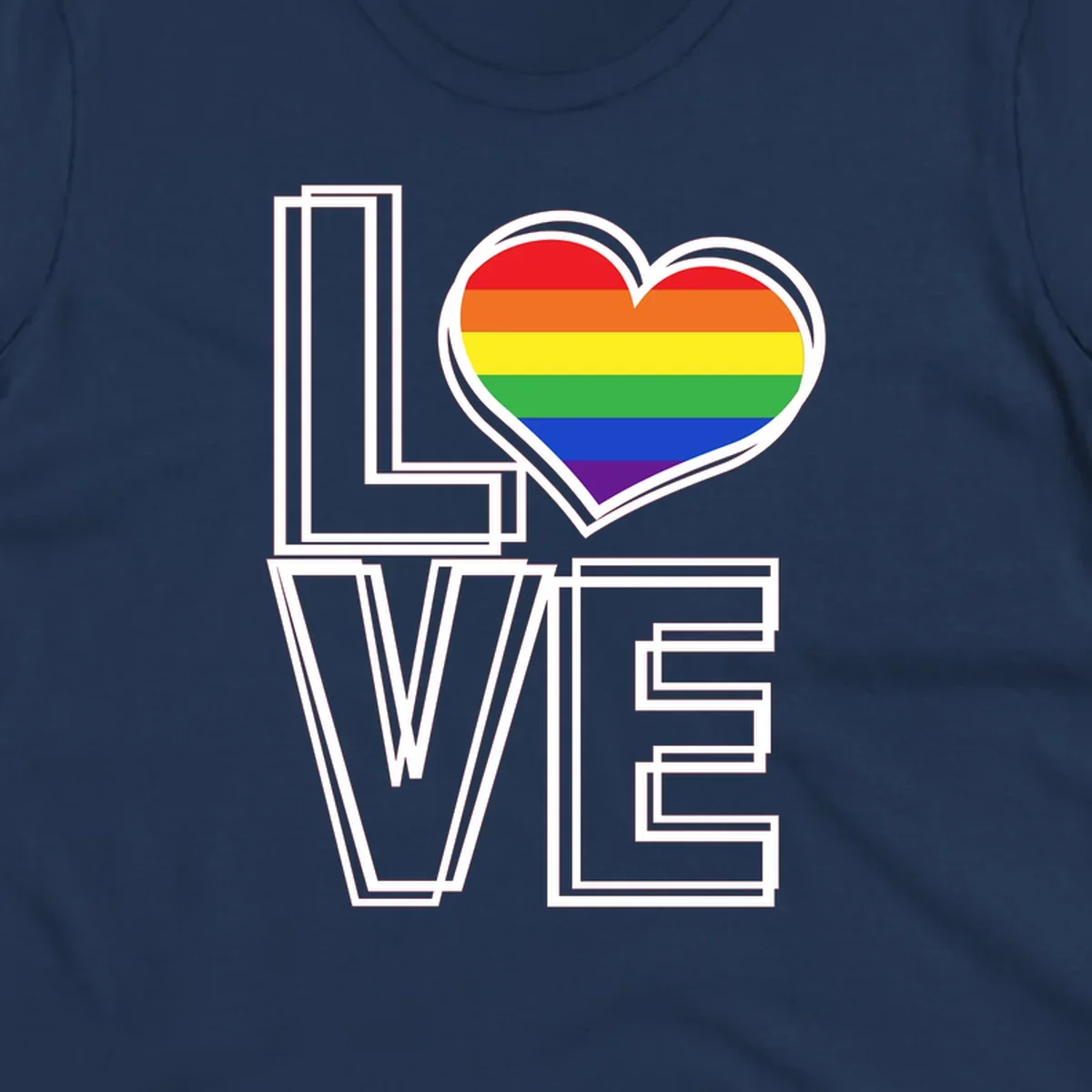 Love is love rainbow heart design with vibrant Pride flag colors in an outlined heart shape and bold LOVE text