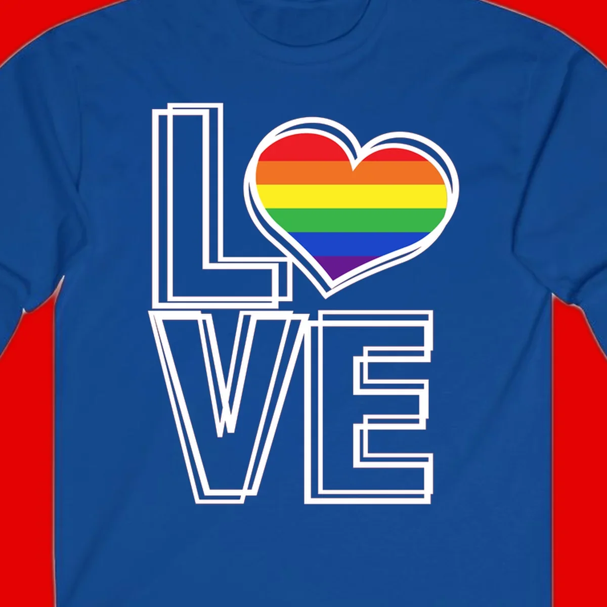 Love is love rainbow heart design with vibrant Pride flag colors in an outlined heart shape and bold LOVE text