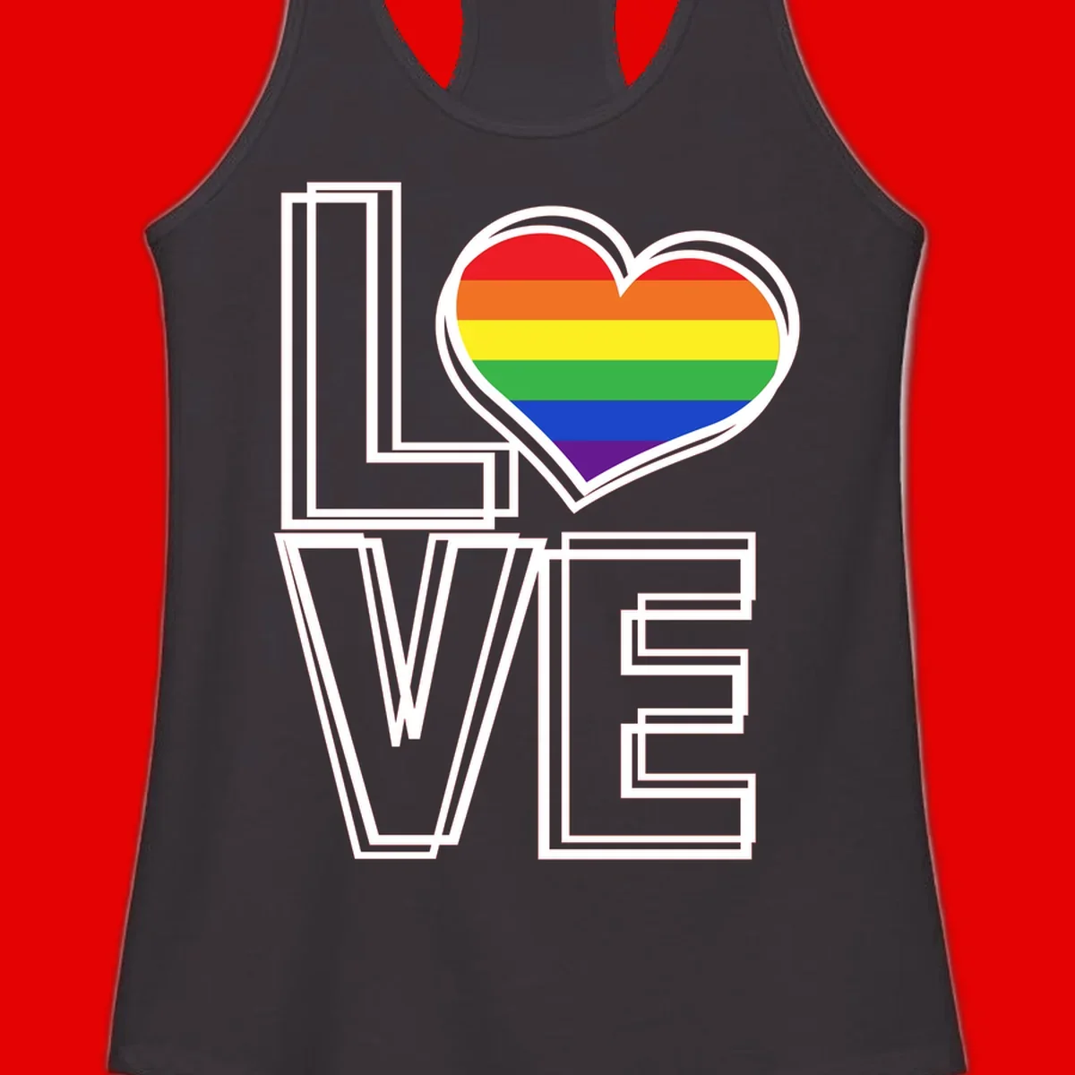 Love is love rainbow heart design with vibrant Pride flag colors in an outlined heart shape and bold LOVE text