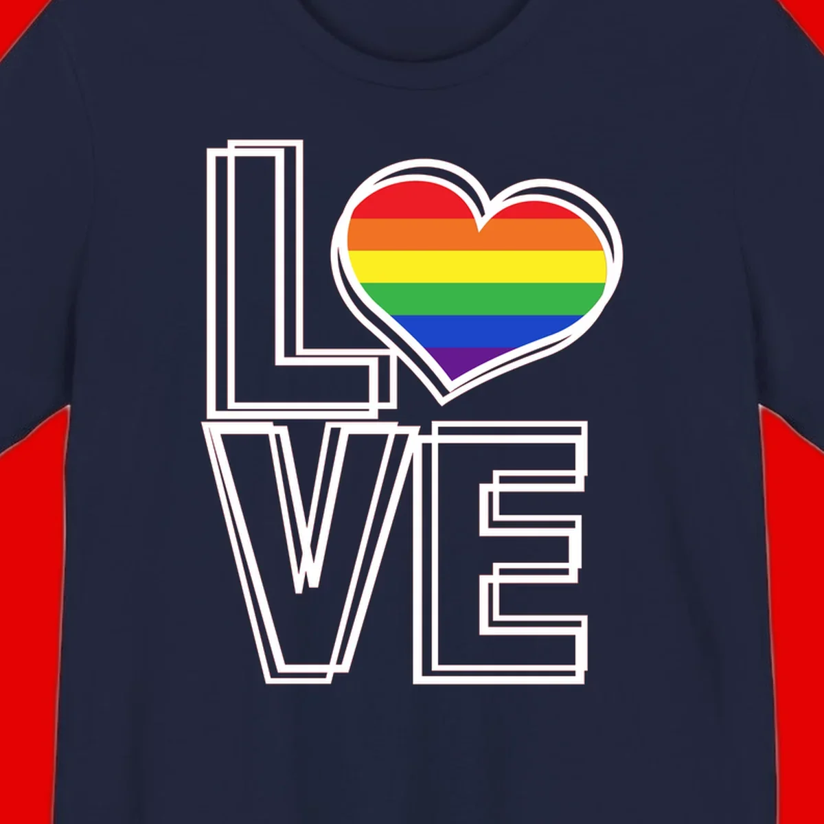 Love is love rainbow heart design with vibrant Pride flag colors in an outlined heart shape and bold LOVE text