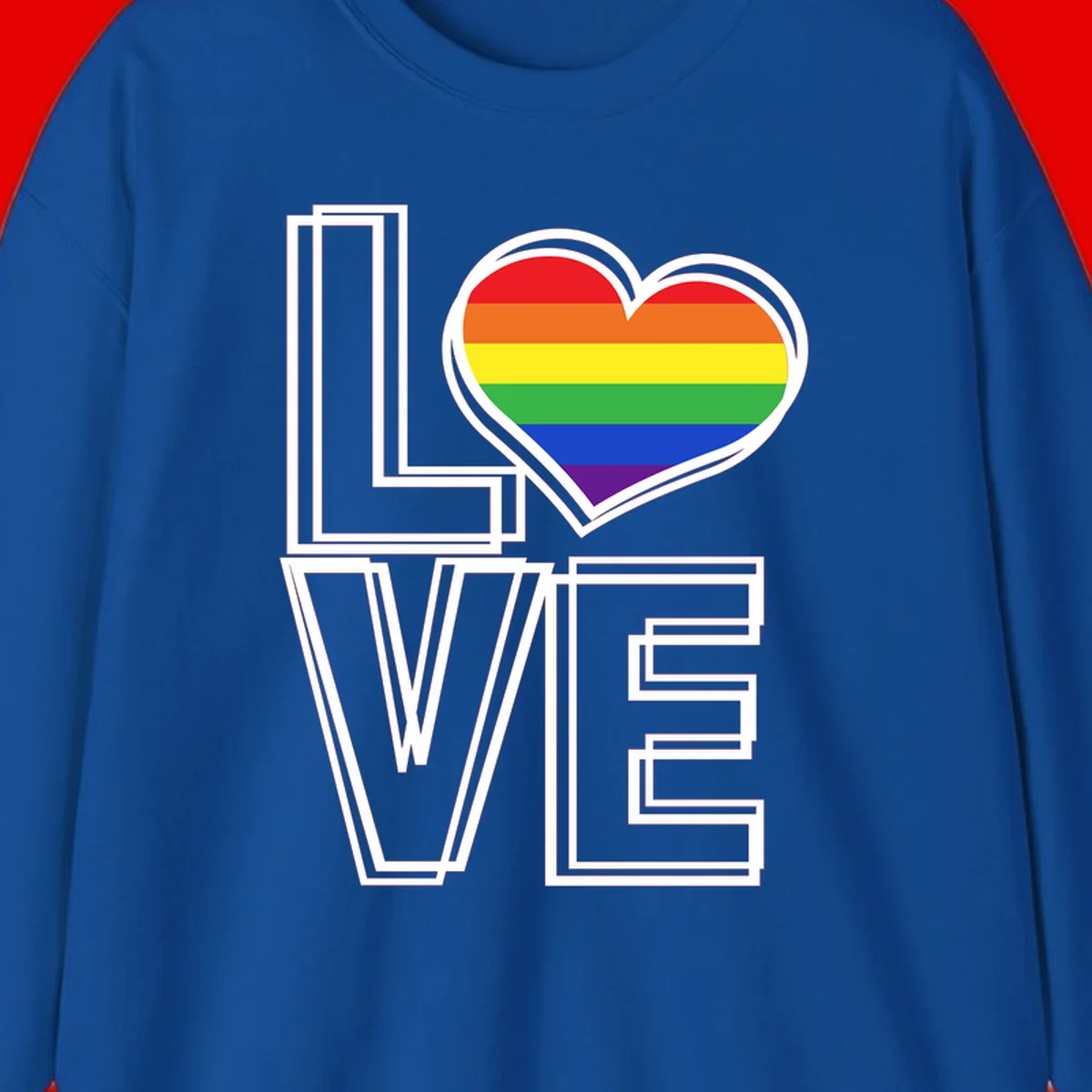 Love is love rainbow heart design with vibrant Pride flag colors in an outlined heart shape and bold LOVE text