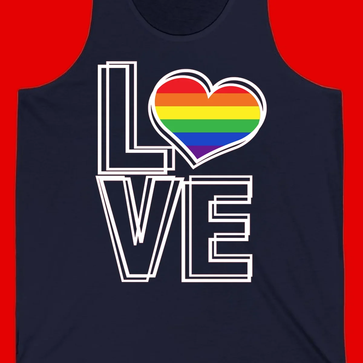 Love is love rainbow heart design with vibrant Pride flag colors in an outlined heart shape and bold LOVE text