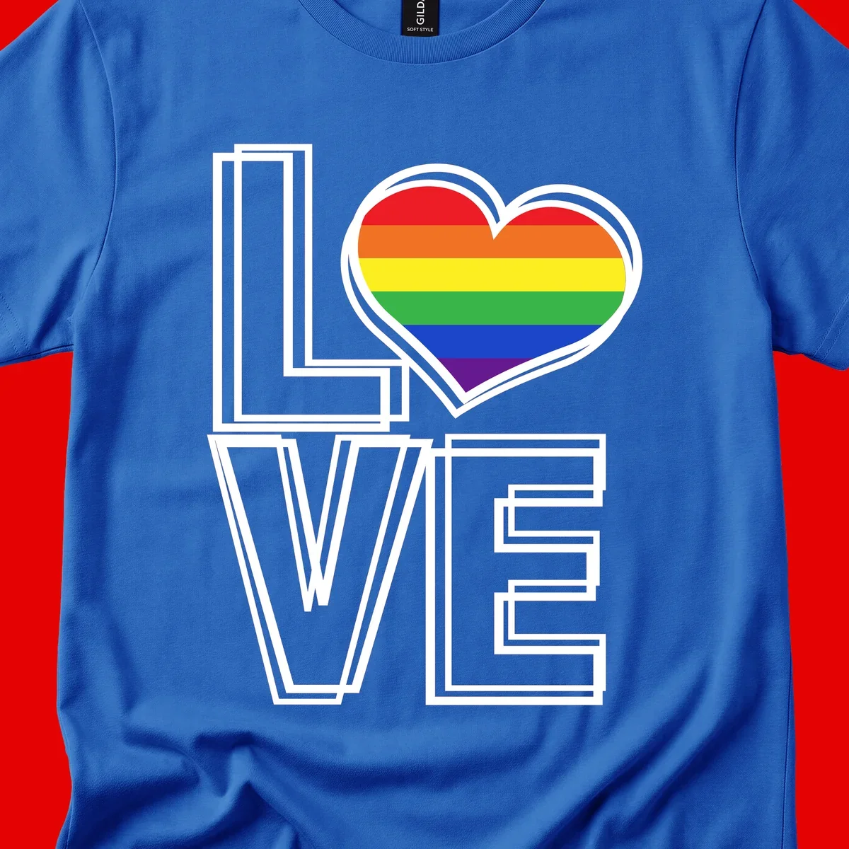Love is love rainbow heart design with vibrant Pride flag colors in an outlined heart shape and bold LOVE text