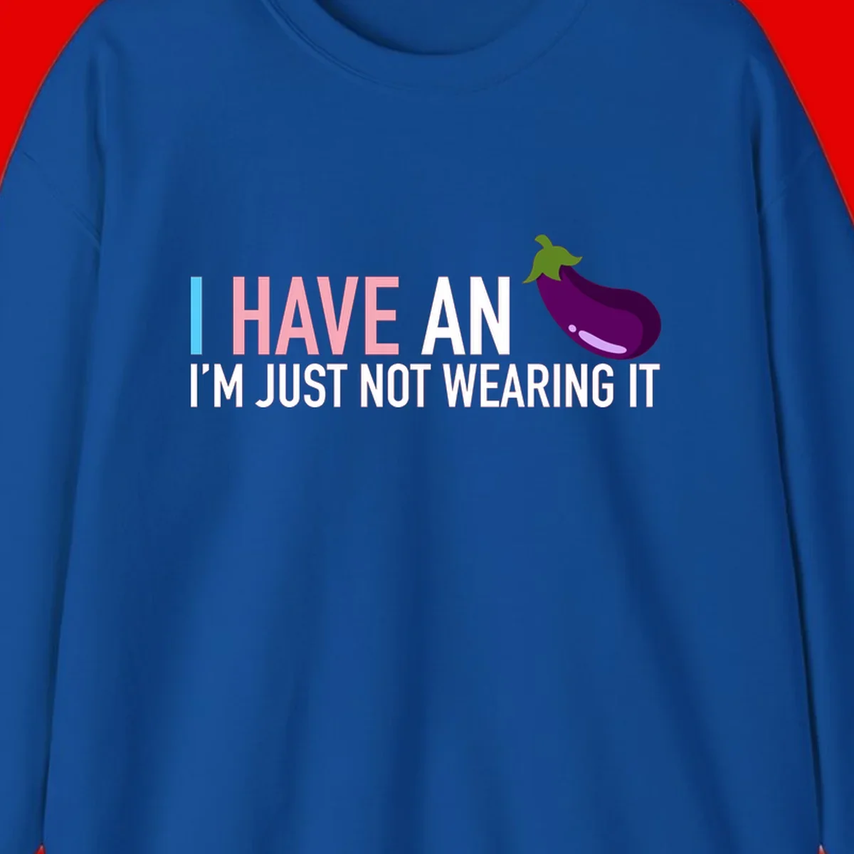 Humorous design with 'I Have An Eggplant I'm Just Not Wearing It' text and purple eggplant illustration