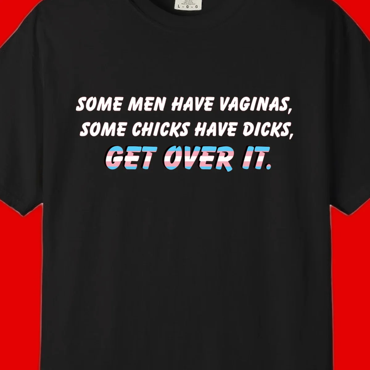 Get over it trans pride design with white text on gray background and trans flag colors in final phrase